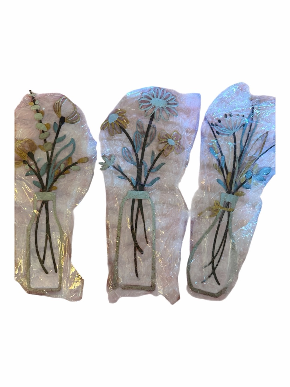 Set of 3 Floral Wall Vases in Soft Pastel Blue and Yellow